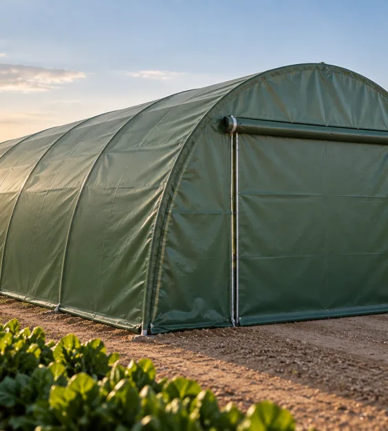 Tunnel agricole couvert d'une toile verte au milieu des cultures