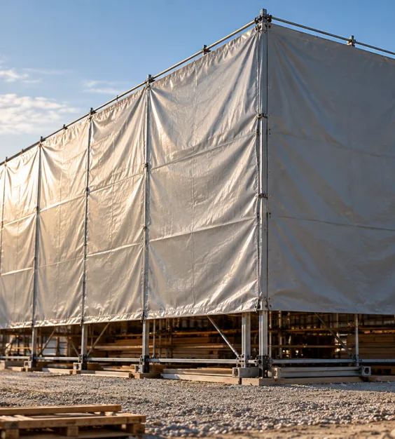 Échafaudage de chantier entièrement habillé de bâches argentées