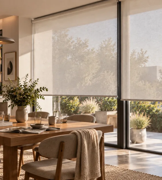 Store screen déroulé devant une grande baie vitrée dans une salle à manger lumineuse