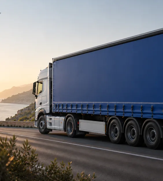 Camion semi-remorque à bâche bleue roulant sur une route côtière au coucher du soleil