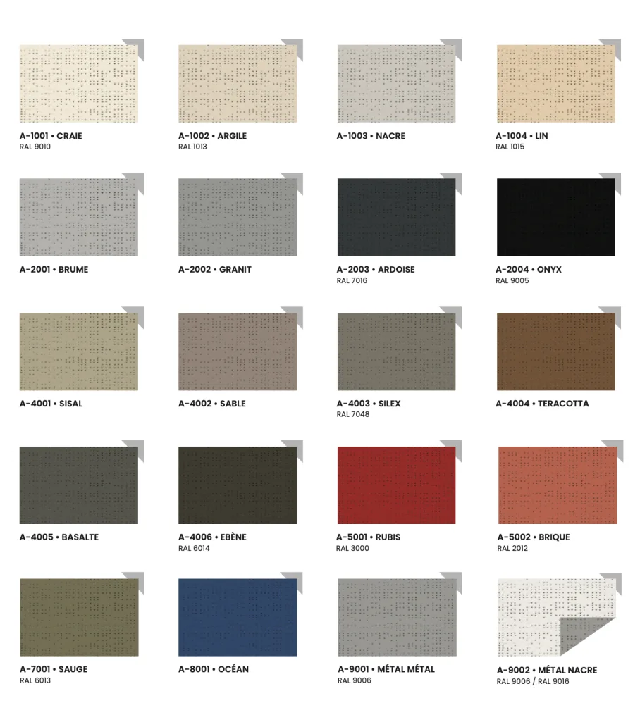 Nuancier des coloris de la toile Air, du blanc craie au noir onyx