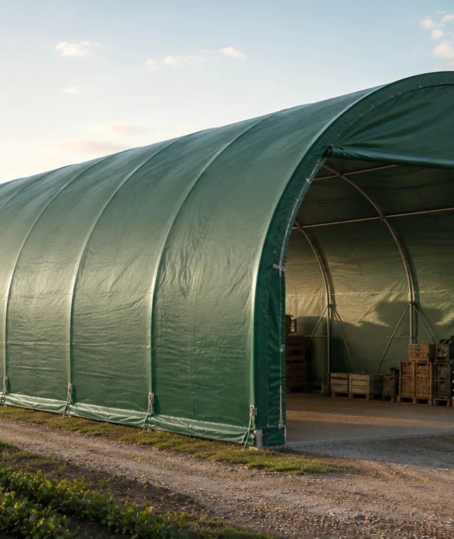 Hangar agricole couvert d'une toile technique verte, avec des caisses stockées à l'intérieur