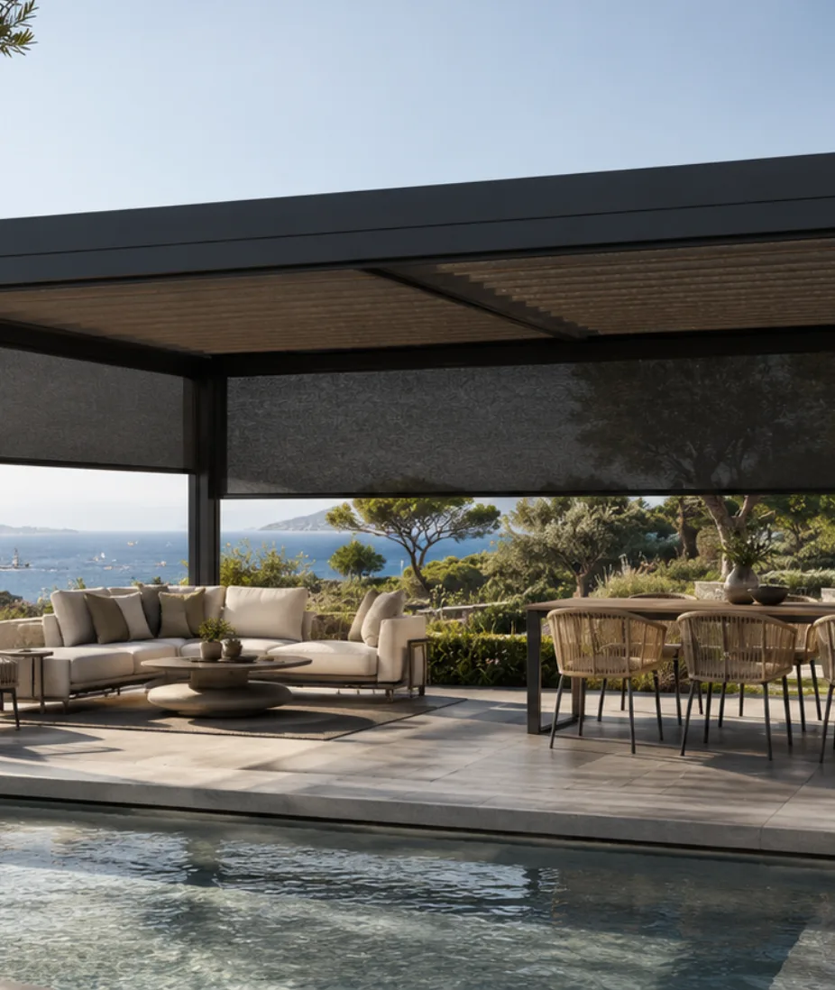 Pergola bioclimatique équipée de stores screen tissés au-dessus d'un salon de jardin et d'une piscine face à la mer